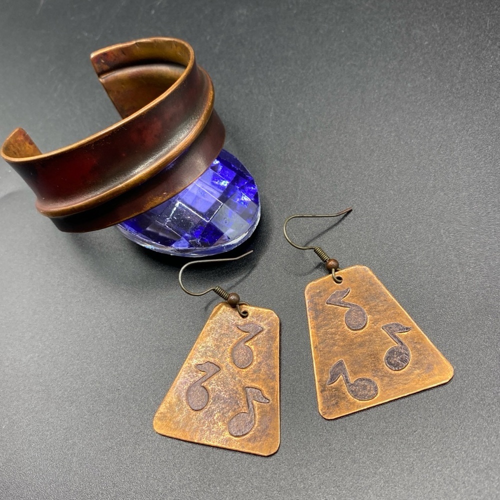 Copper Cuff Bangle Bracelet & Music Note Earrings